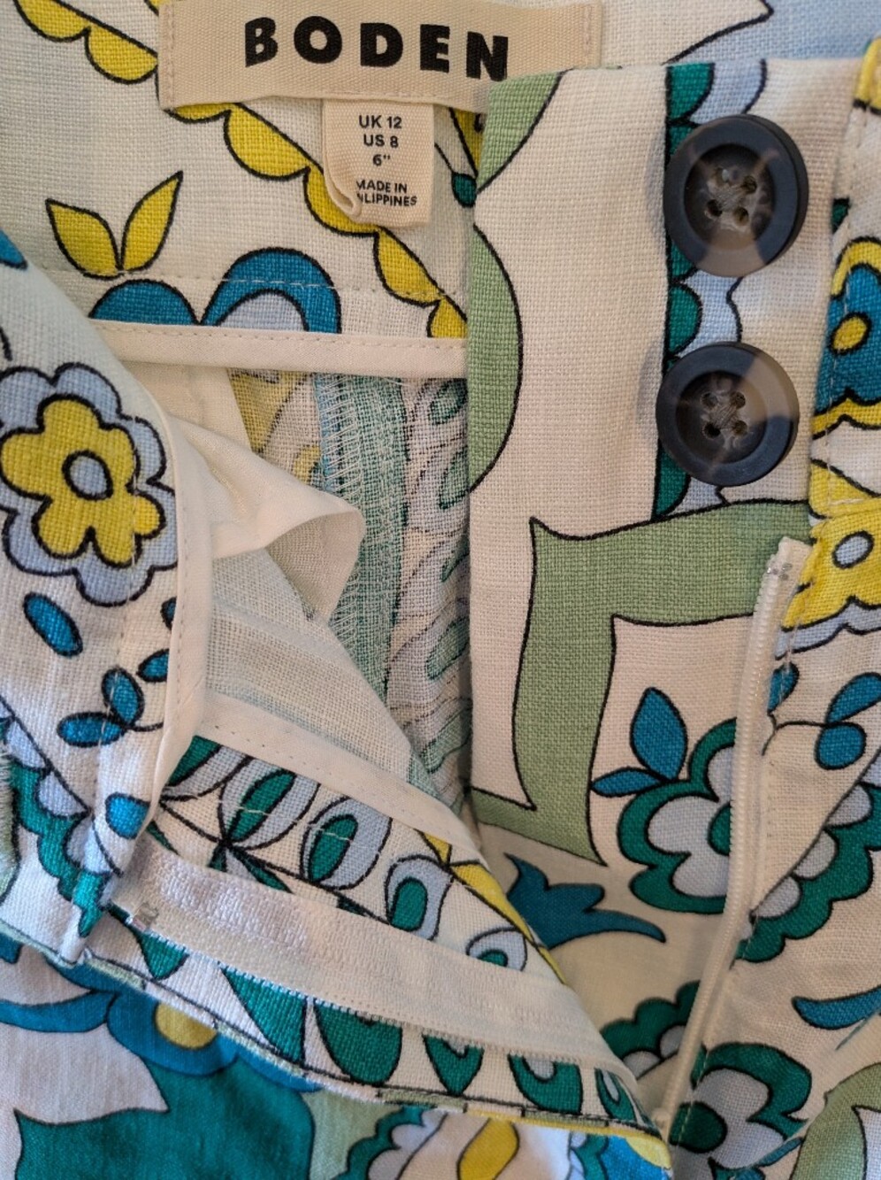 Boden Westbourne Linen Shorts Emerald Foliage Paisley Floral Resortwear Size 8 - Picture 11 of 13